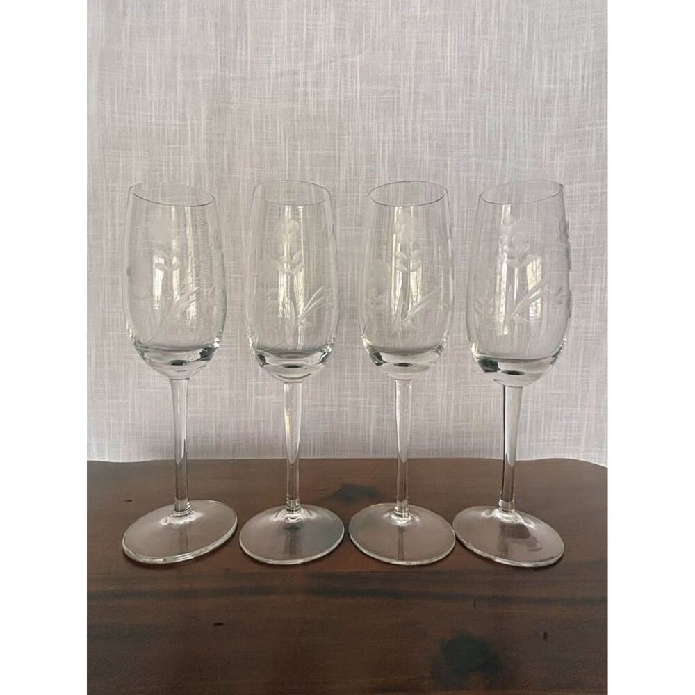 Vintage Floral Etched Crystal Champagne Flutes - Set of 4